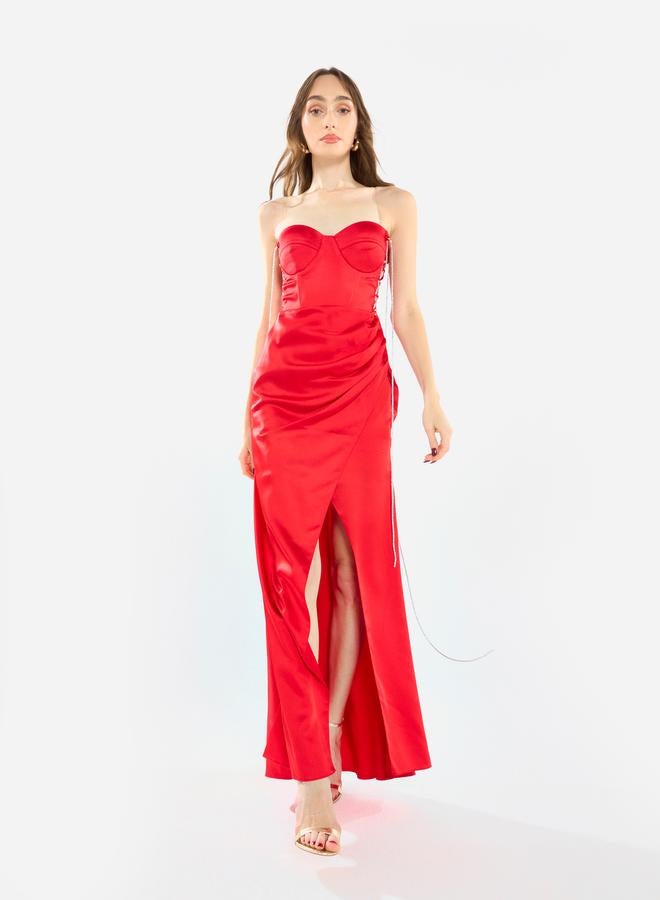 House of Moda Women Side Lace Detail Bodice Slit Gown Maxi Dress - Image 1